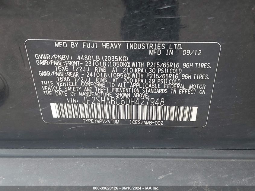 2013 Subaru Forester 2.5X VIN: JF2SHABC6DH427948 Lot: 39620126