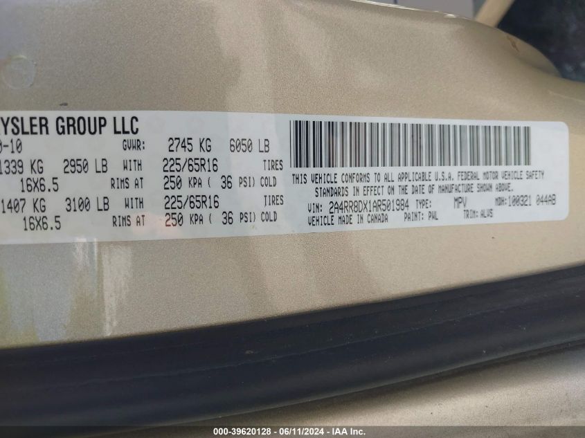 2010 Chrysler Town & Country Touring Plus VIN: 2A4RR8DX1AR501984 Lot: 39620128