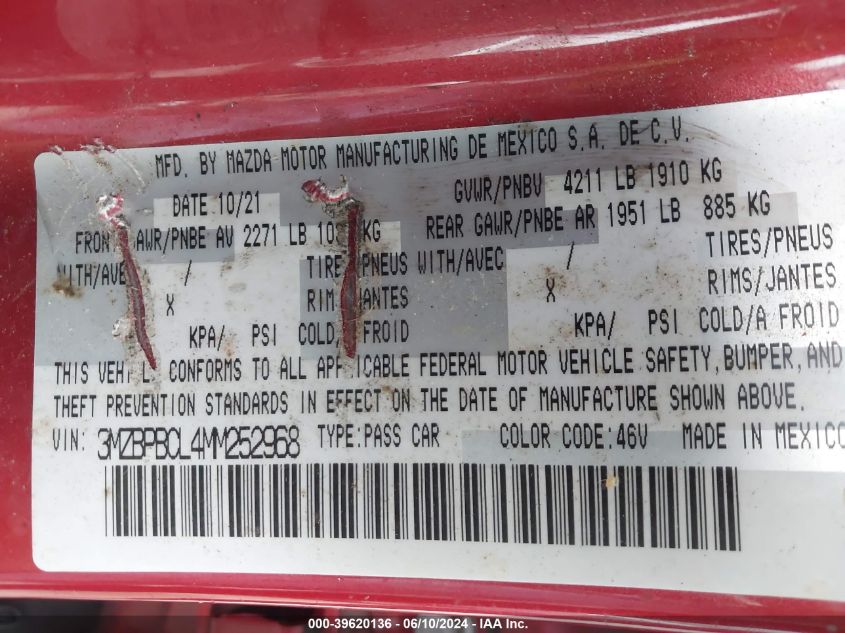 2021 Mazda Mazda3 Preferred VIN: 3MZBPBCL4MM252968 Lot: 39620136