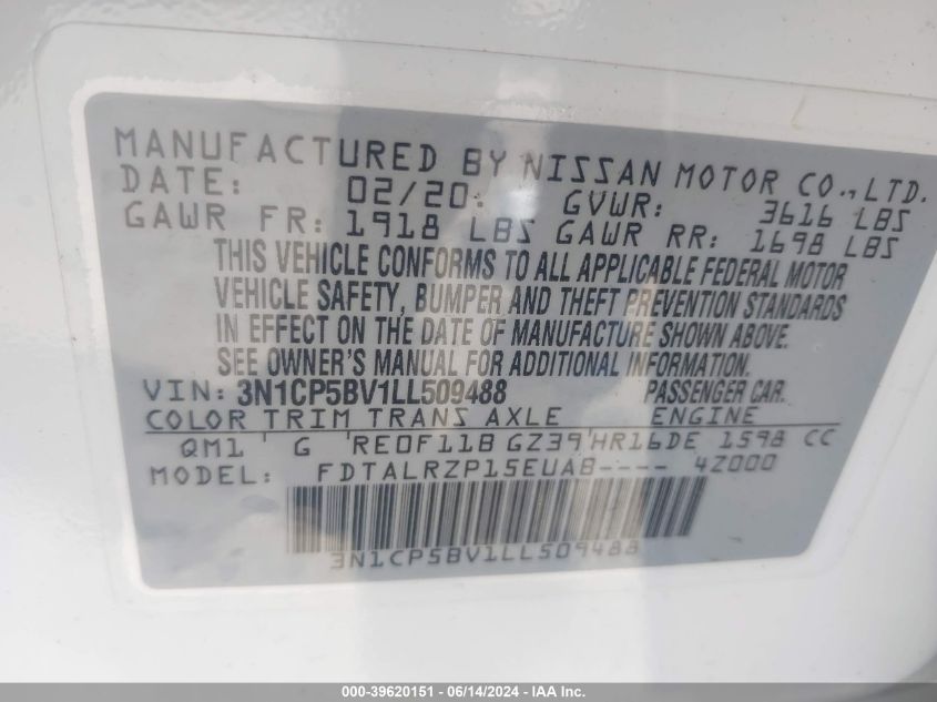 2020 Nissan Kicks S Xtronic Cvt VIN: 3N1CP5BV1LL509488 Lot: 39620151