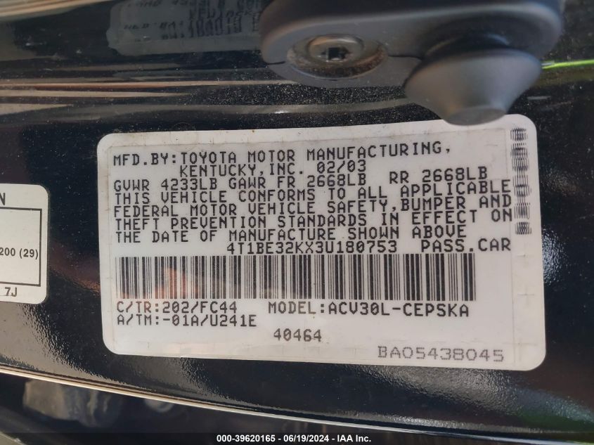 2003 Toyota Camry Se VIN: 4T1BE32KX3U180753 Lot: 39620165