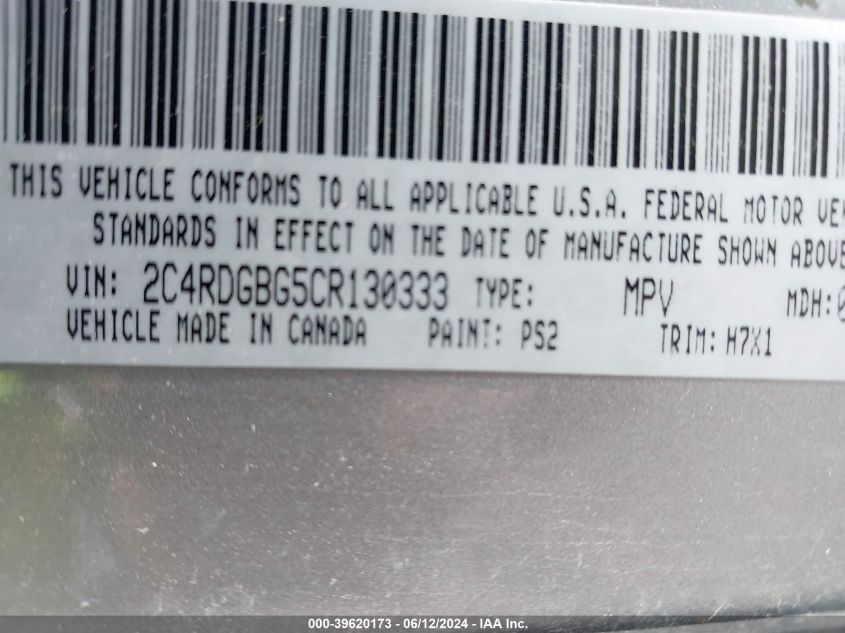 2012 Dodge Grand Caravan Se/Avp VIN: 2C4RDGBG5CR130333 Lot: 39620173