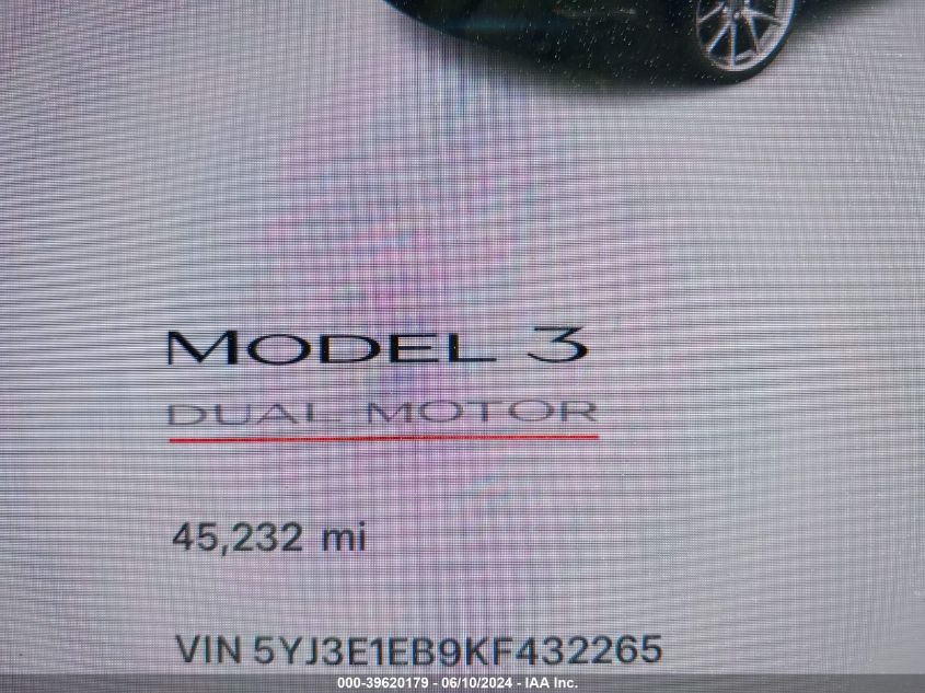 2019 Tesla Model 3 Long Range/Performance VIN: 5YJ3E1EB9KF432265 Lot: 39620179