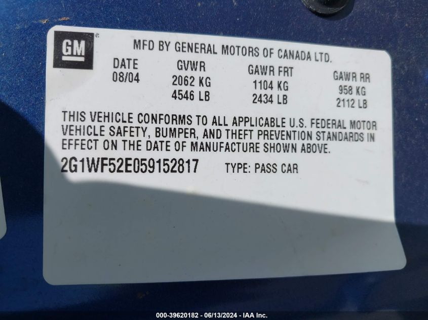 2005 Chevrolet Impala VIN: 2G1WF52E059152817 Lot: 39620182