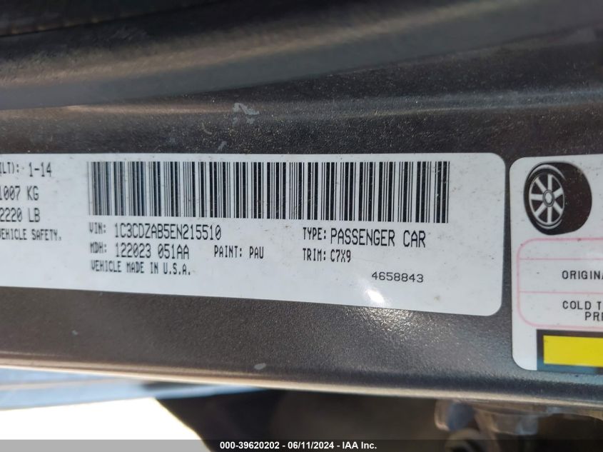 2014 Dodge Avenger Se VIN: 1C3CDZAB5EN215510 Lot: 39620202