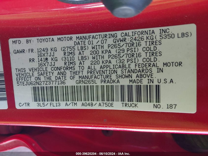 2007 Toyota Tacoma Prerunner V6 VIN: 5TEJU62N27Z377136 Lot: 39620204