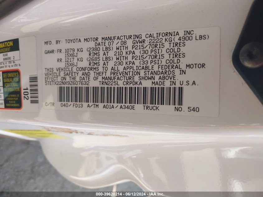 2009 Toyota Tacoma VIN: 5TETX22NX9Z607632 Lot: 39620214