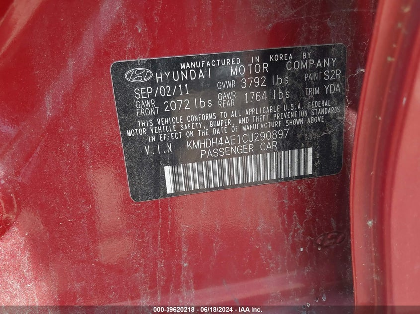 2012 Hyundai Elantra Gls (Ulsan Plant) VIN: KMHDH4AE1CU290897 Lot: 39620218