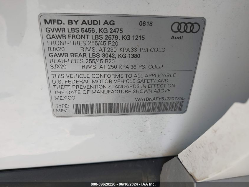 2018 Audi Q5 2.0T Premium/2.0T Tech Premium VIN: WA1BNAFY5J2207755 Lot: 39620220