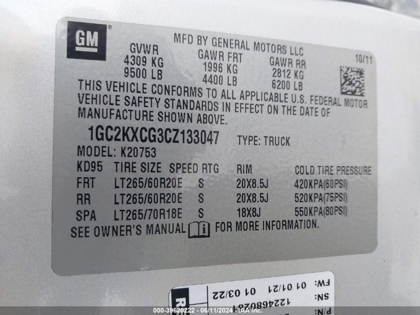 2012 Chevrolet Silverado 2500Hd Lt VIN: 1GC2KXCG3CZ133047 Lot: 39620222