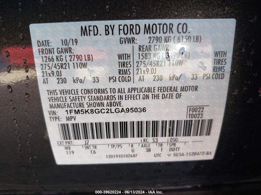 VIN 1FM5K8GC2LGA95036 2020 FORD EXPLORER ST