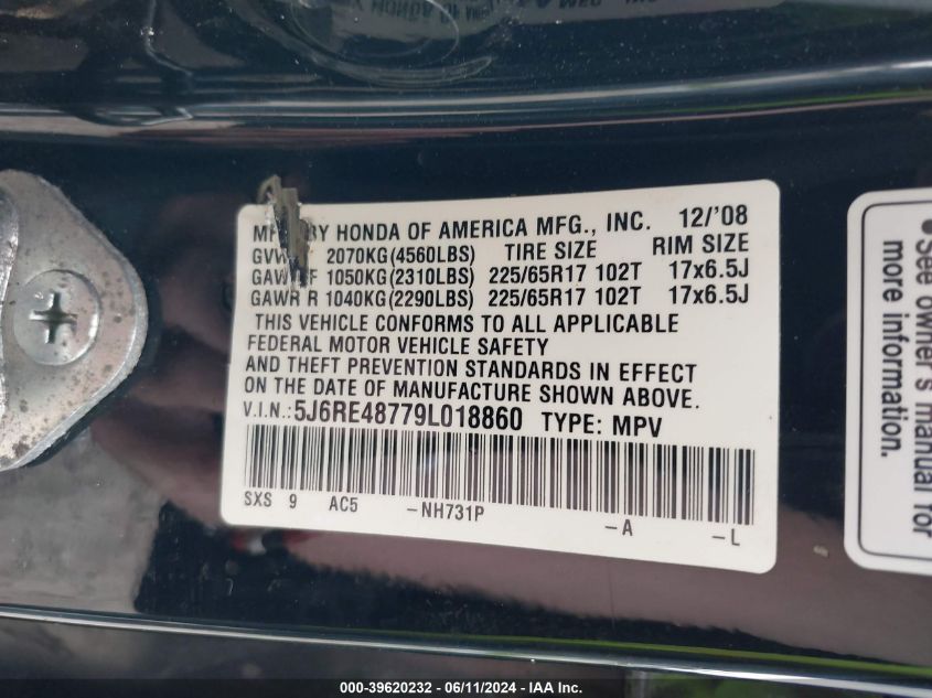 2009 Honda Cr-V Ex-L VIN: 5J6RE48779L018860 Lot: 39620232