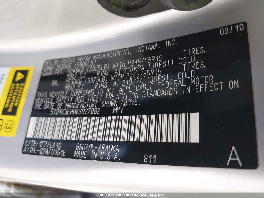 2011 Toyota Highlander Limited VIN: 5TDYK3EH0BS027082 Lot: 39620240