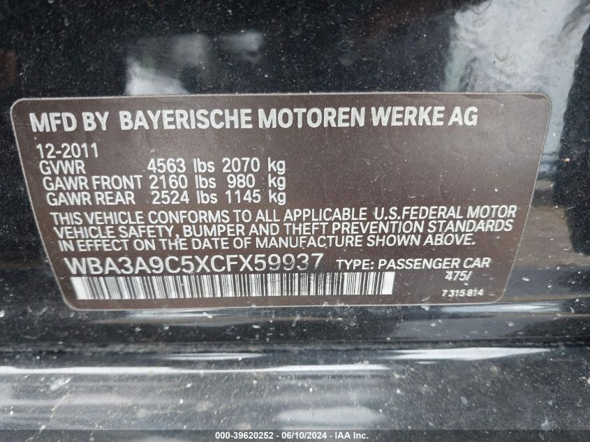 2012 BMW 335I VIN: WBA3A9C5XCFX59937 Lot: 39620252