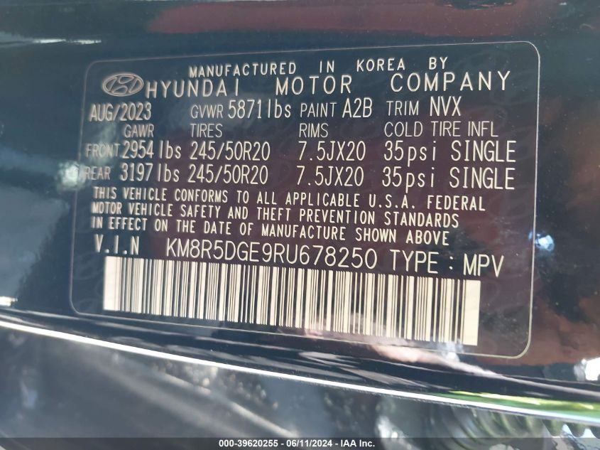 2024 Hyundai Palisade Limited VIN: KM8R5DGE9RU678250 Lot: 39620255