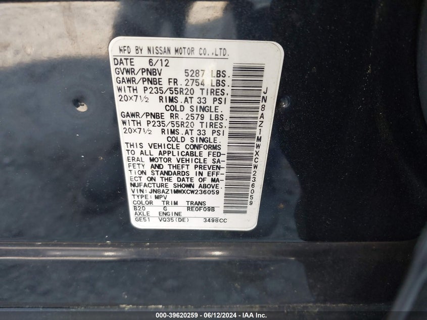 2012 Nissan Murano Le VIN: JN8AZ1MWXCW236059 Lot: 39620259