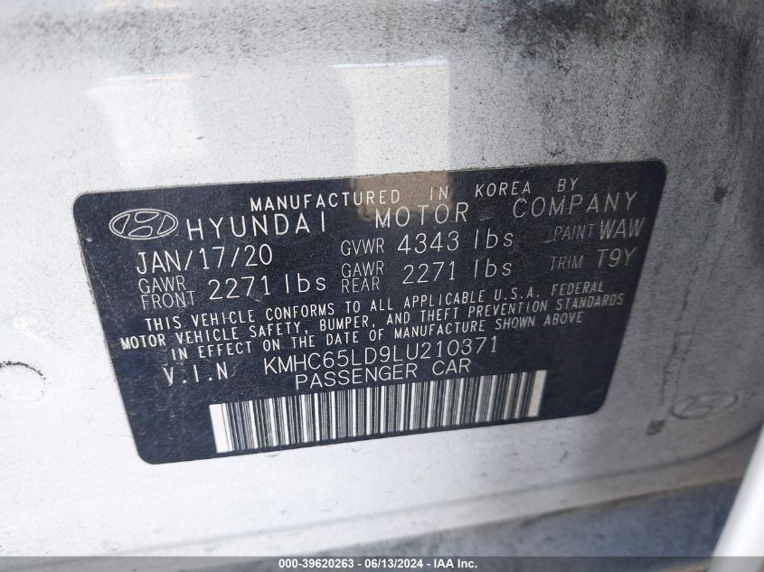 2020 Hyundai Ioniq Plug-In Hybrid Se VIN: KMHC65LD9LU210371 Lot: 39620263