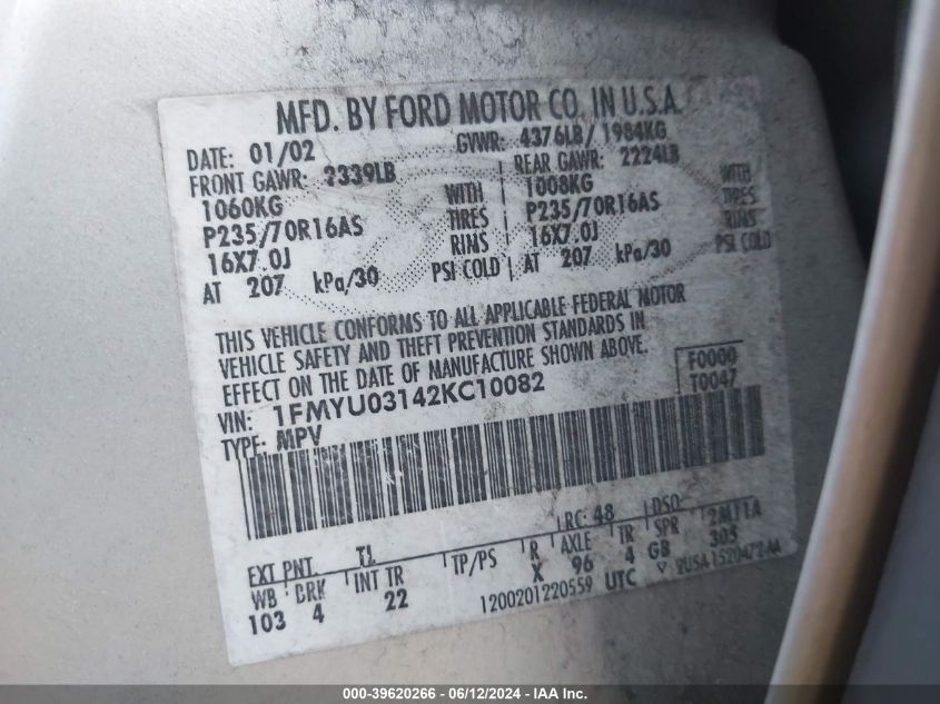 2002 Ford Escape Xlt VIN: 1FMYU03142KC10082 Lot: 39620266