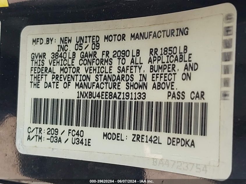 2010 Toyota Corolla Le VIN: 1NXBU4EE8AZ191133 Lot: 39620284