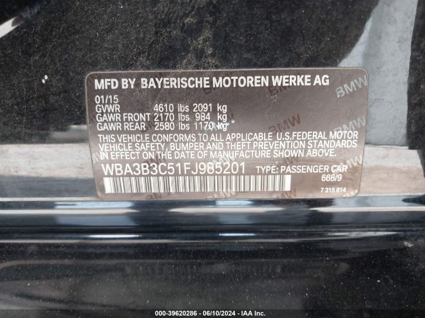 2015 BMW 328 Xi VIN: WBA3B3C51FJ985201 Lot: 39620286