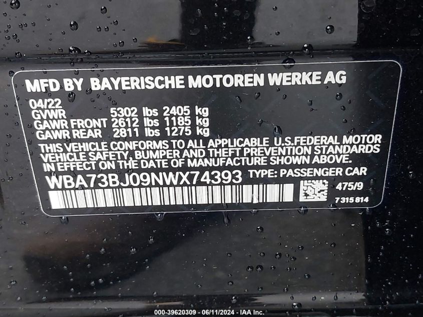 2022 BMW 540 I xDrive VIN: WBA73BJ09NWX74393 Lot: 39620309