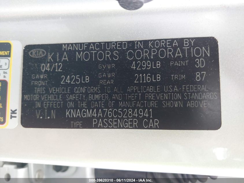 2012 Kia Optima Lx VIN: KNAGM4A76C5284941 Lot: 39620310