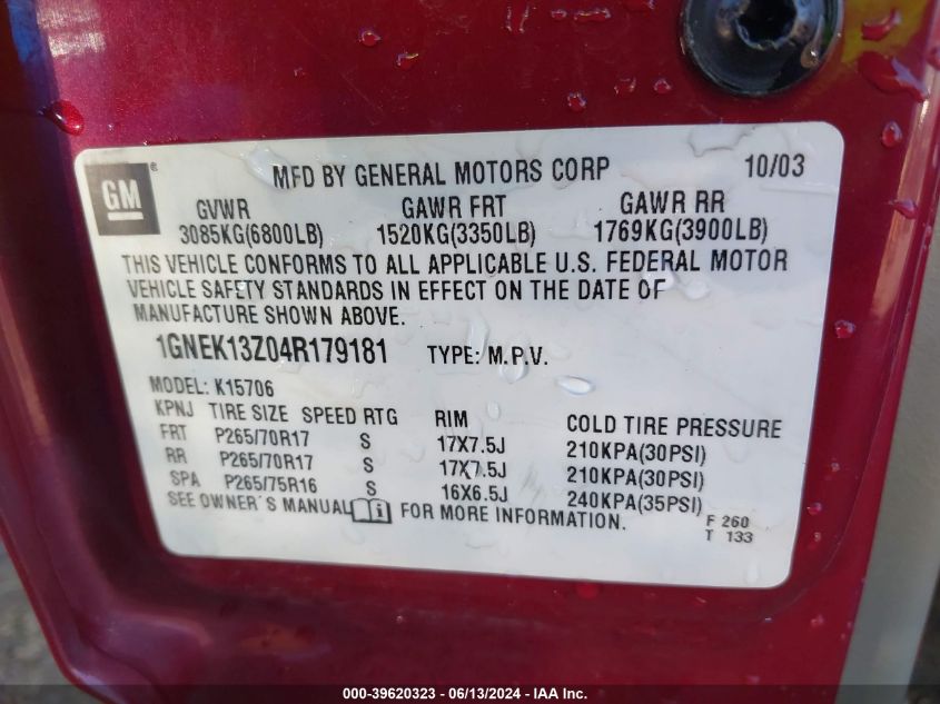 2004 Chevrolet Tahoe Z71 VIN: 1GNEK13Z04R179181 Lot: 39620323