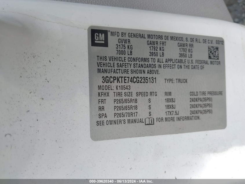 2012 Chevrolet Silverado 1500 Ltz VIN: 3GCPKTE74CG235131 Lot: 39620340