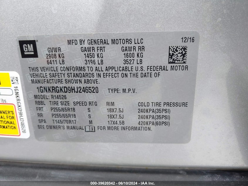 2017 Chevrolet Traverse 1Lt VIN: 1GNKRGKD9HJ246520 Lot: 39620342