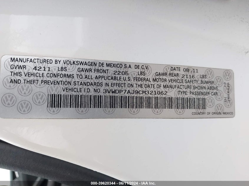 2012 Volkswagen Jetta 2.5L Se VIN: 3VWDP7AJ9CM321062 Lot: 39620344