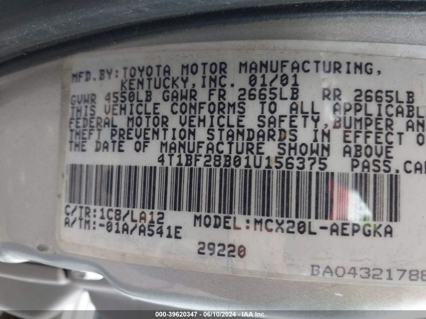 2001 Toyota Avalon Xls VIN: 4T1BF28B01U156375 Lot: 39620347