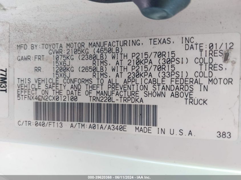 2012 Toyota Tacoma VIN: 5TFNX4CN2CX012100 Lot: 39620368