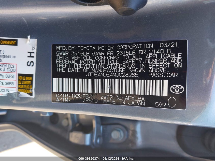 2021 TOYOTA COROLLA HYBRID LE - JTDEAMDE4MJ028285