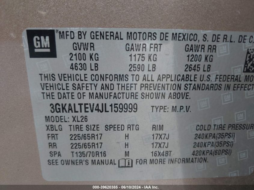 2018 GMC Terrain Sle VIN: 3GKALTEV4JL159999 Lot: 39620385