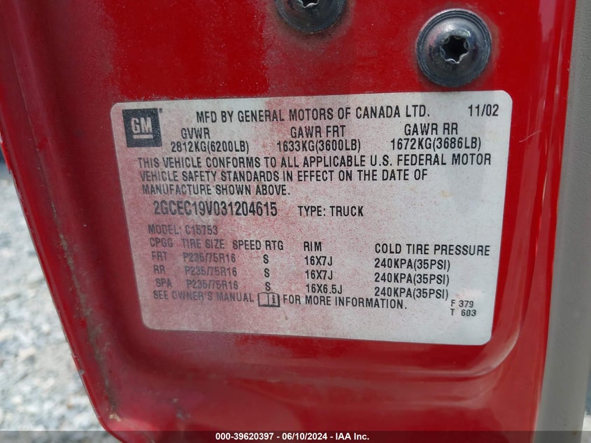 2003 Chevrolet Silverado 1500 Ls VIN: 2GCEC19V031204615 Lot: 39620397