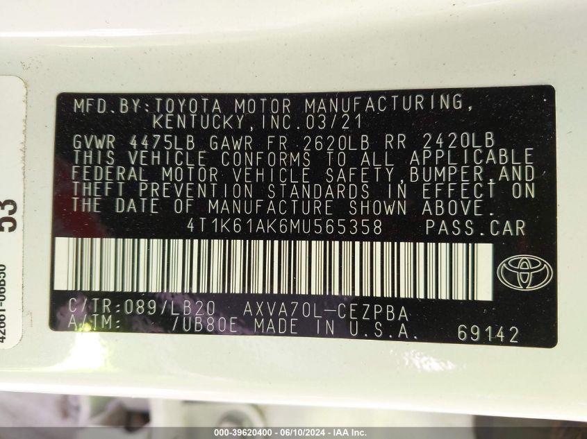 2021 Toyota Camry Xse VIN: 4T1K61AK6MU565358 Lot: 39620400