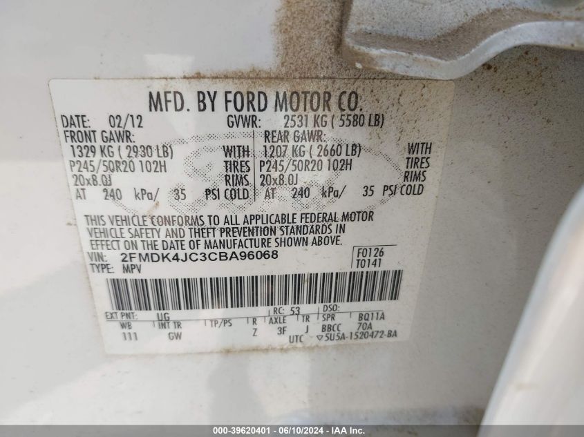 2012 Ford Edge Sel VIN: 2FMDK4JC3CBA96068 Lot: 39620401