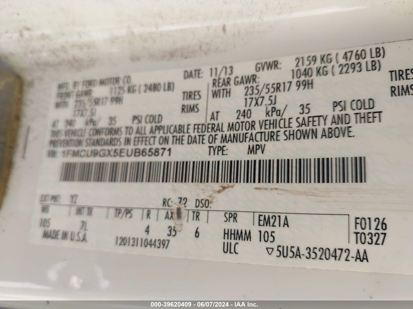 2014 Ford Escape Se VIN: 1FMCU9GX5EUB65871 Lot: 39620409