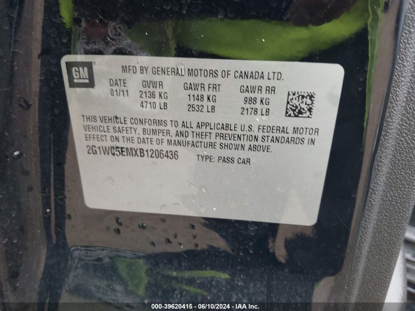 2011 Chevrolet Impala Ltz VIN: 2G1WC5EMXB1206436 Lot: 39620415