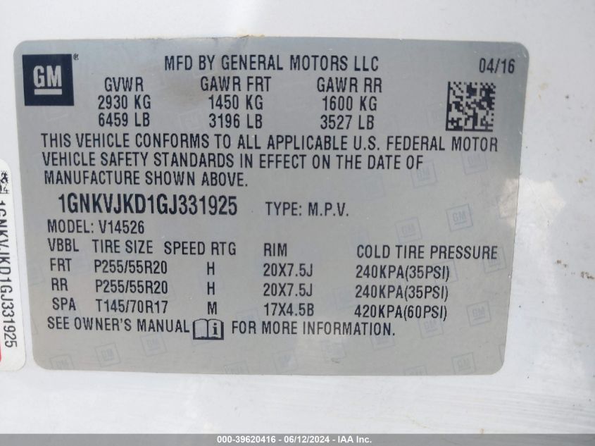 2016 Chevrolet Traverse Ltz VIN: 1GNKVJKD1GJ331925 Lot: 39620416
