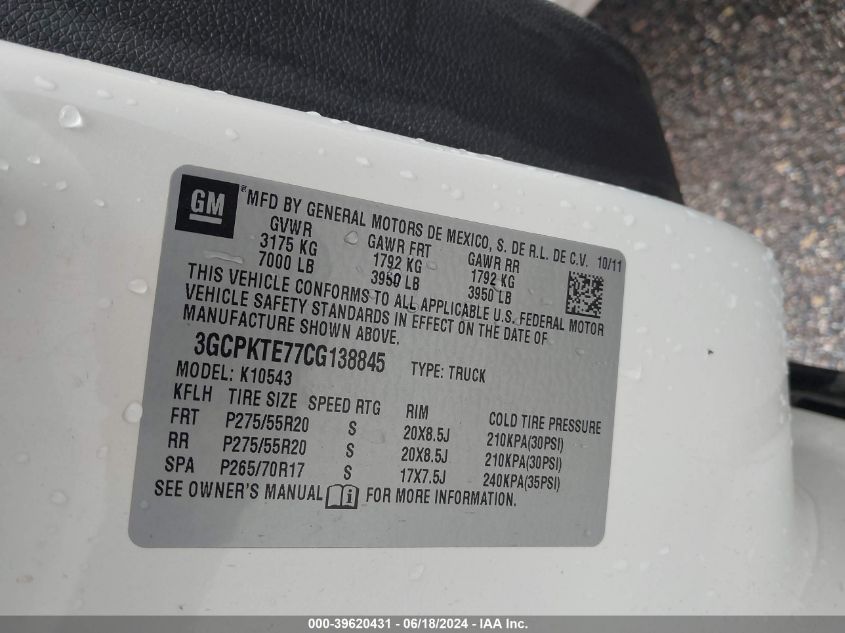 2012 Chevrolet Silverado 1500 Ltz VIN: 3GCPKTE77CG138845 Lot: 39620431
