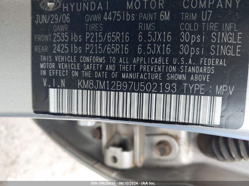 2007 Hyundai Tucson Gls VIN: KM8JM12B97U502193 Lot: 39620435