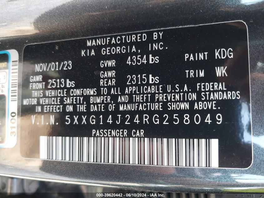 2024 Kia K5 Lxs VIN: 5XXG14J24RG258049 Lot: 39620442