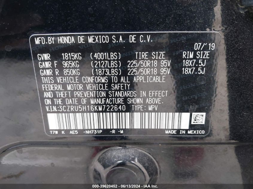 2019 HONDA HR-V SPORT - 3CZRU5H16KM722640