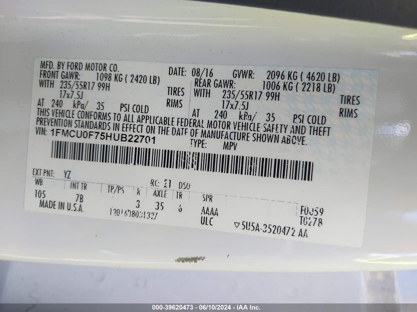 2017 Ford Escape S VIN: 1FMCU0F75HUB22701 Lot: 39620473