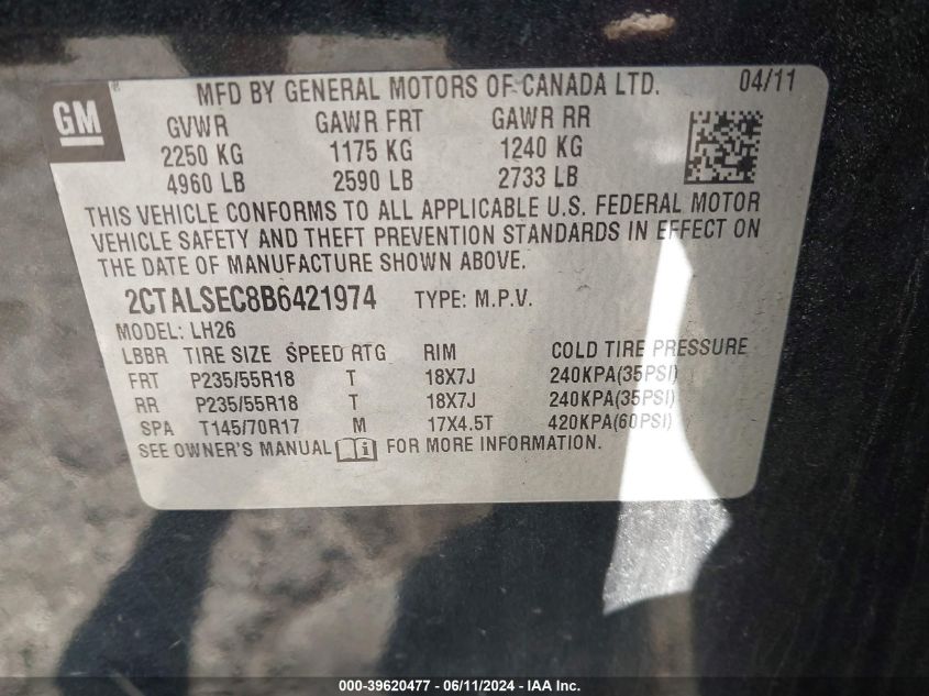 2011 GMC Terrain Sle-2 VIN: 2CTALSEC8B6421974 Lot: 39620477