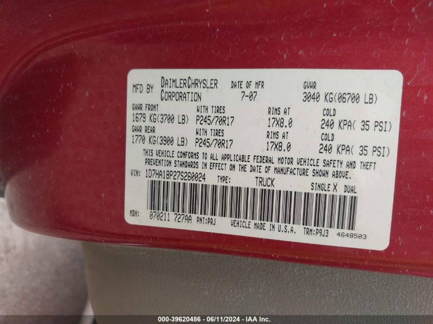 2007 Dodge Ram 1500 St VIN: 1D7HA18P27S260024 Lot: 39620486