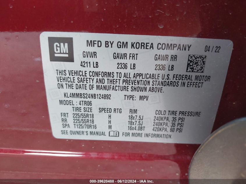 2022 Buick Encore Gx Fwd Preferred VIN: KL4MMBS24NB124892 Lot: 39620488