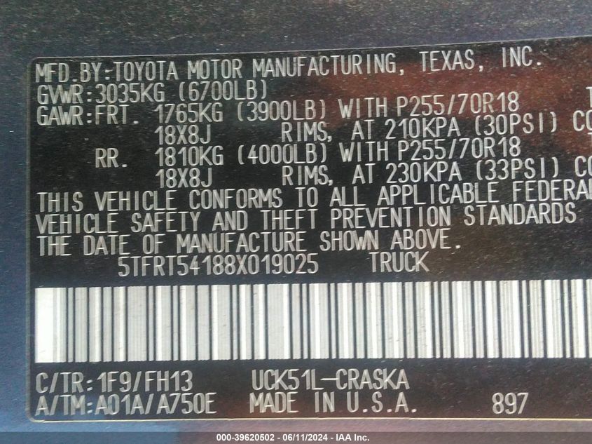 2008 Toyota Tundra Sr5 4.7L V8 VIN: 5TFRT54188X019025 Lot: 39620502