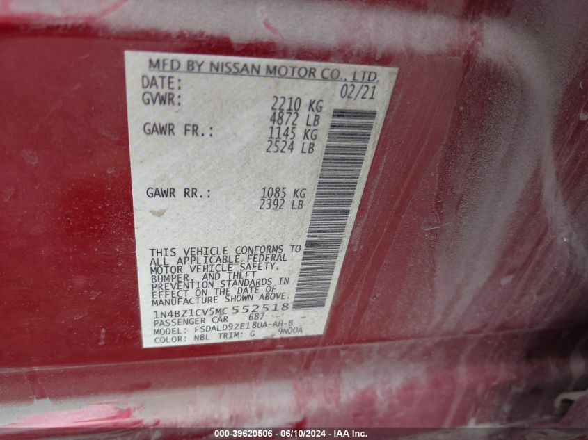 2021 Nissan Leaf Sv Plus 62 Kwh VIN: 1N4BZ1CV5MC552518 Lot: 39620506